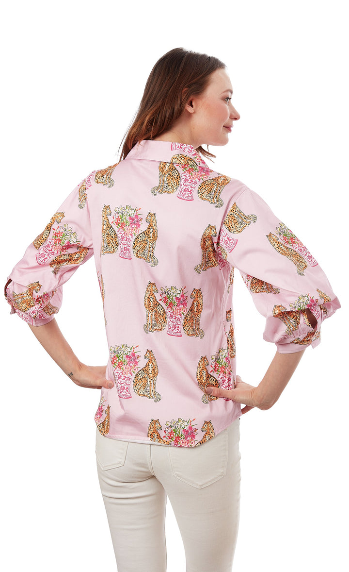 Dizzy-Lizzie Milano Puff Sleeve Top - Pink With Cheetahs available at Barbara Katz