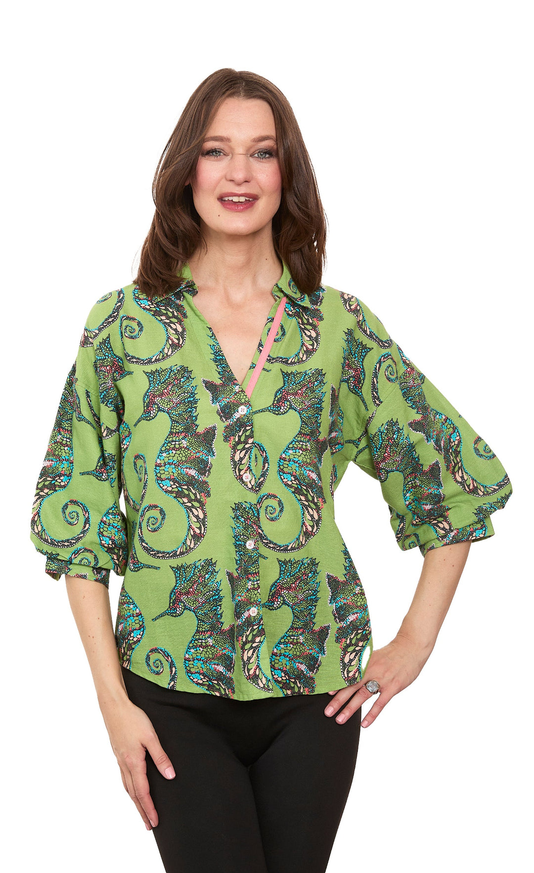 Dizzy-Lizzie Milano Puff Sleeve Top in Seahorse Print available at Barbara Katz