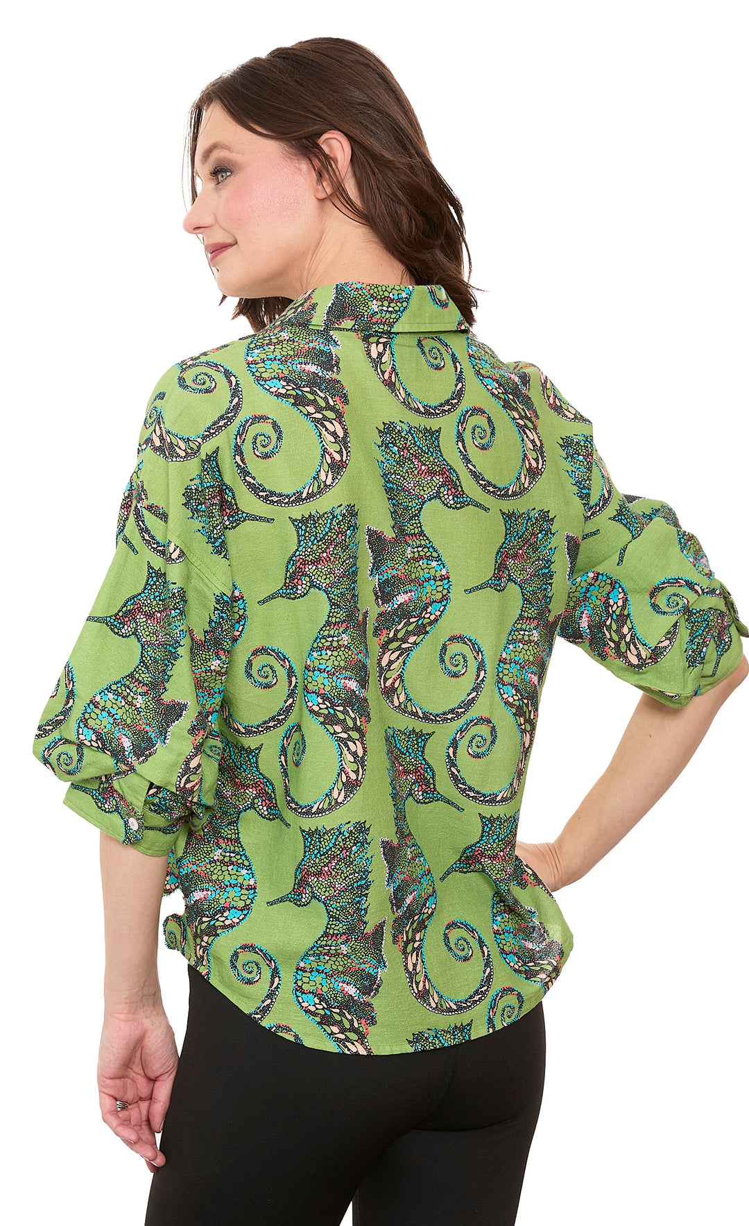 Dizzy-Lizzie Milano Puff Sleeve Top in Seahorse Print available at Barbara Katz
