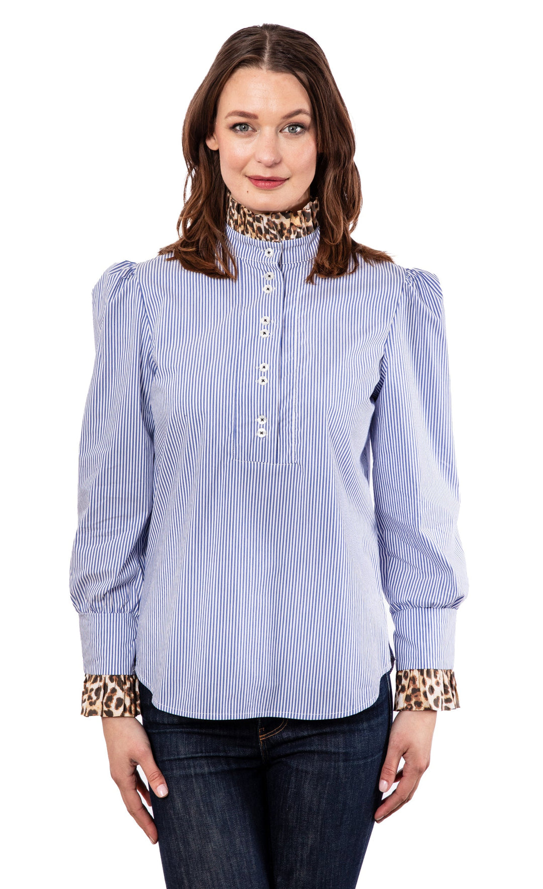 Dizzy-Lizzie Blue Striped Puff Sleeve Top with Cheetah Collar and Cuff available at Barbara Katz