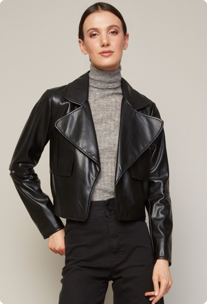 Adroit Atelier Ninon Short Stretch Vegan Leather Open Front Jacket in Black available at Barbara Katz