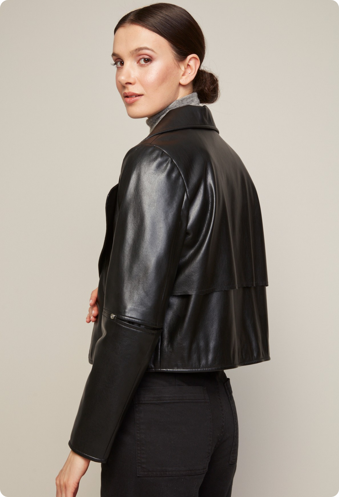 Adroit Atelier Ninon Short Stretch Vegan Leather Open Front Jacket in Black available at Barbara Katz