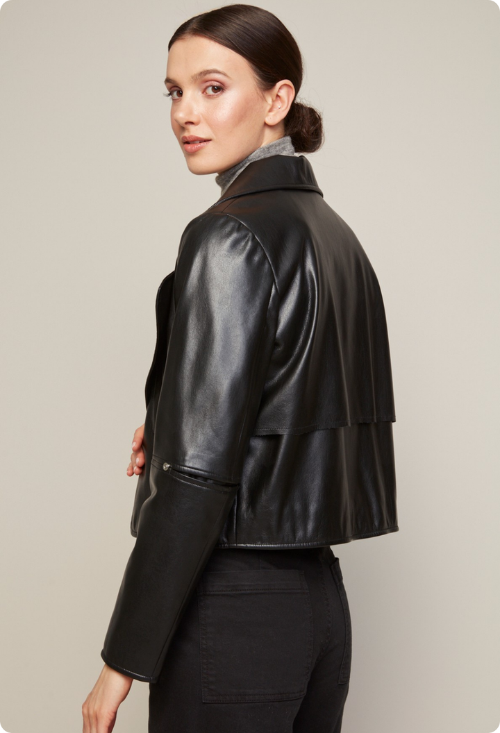 Adroit Atelier Ninon Short Stretch Vegan Leather Open Front Jacket in Black available at Barbara Katz