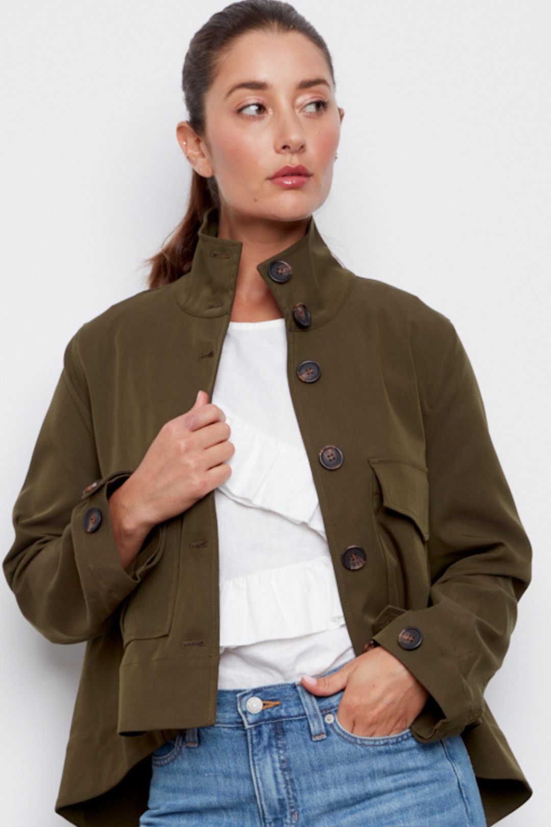 Adroit Atelier Celine Button-Front Jacket With a Slightly High-Low Hem in Dark Olive available at Barbara Katz