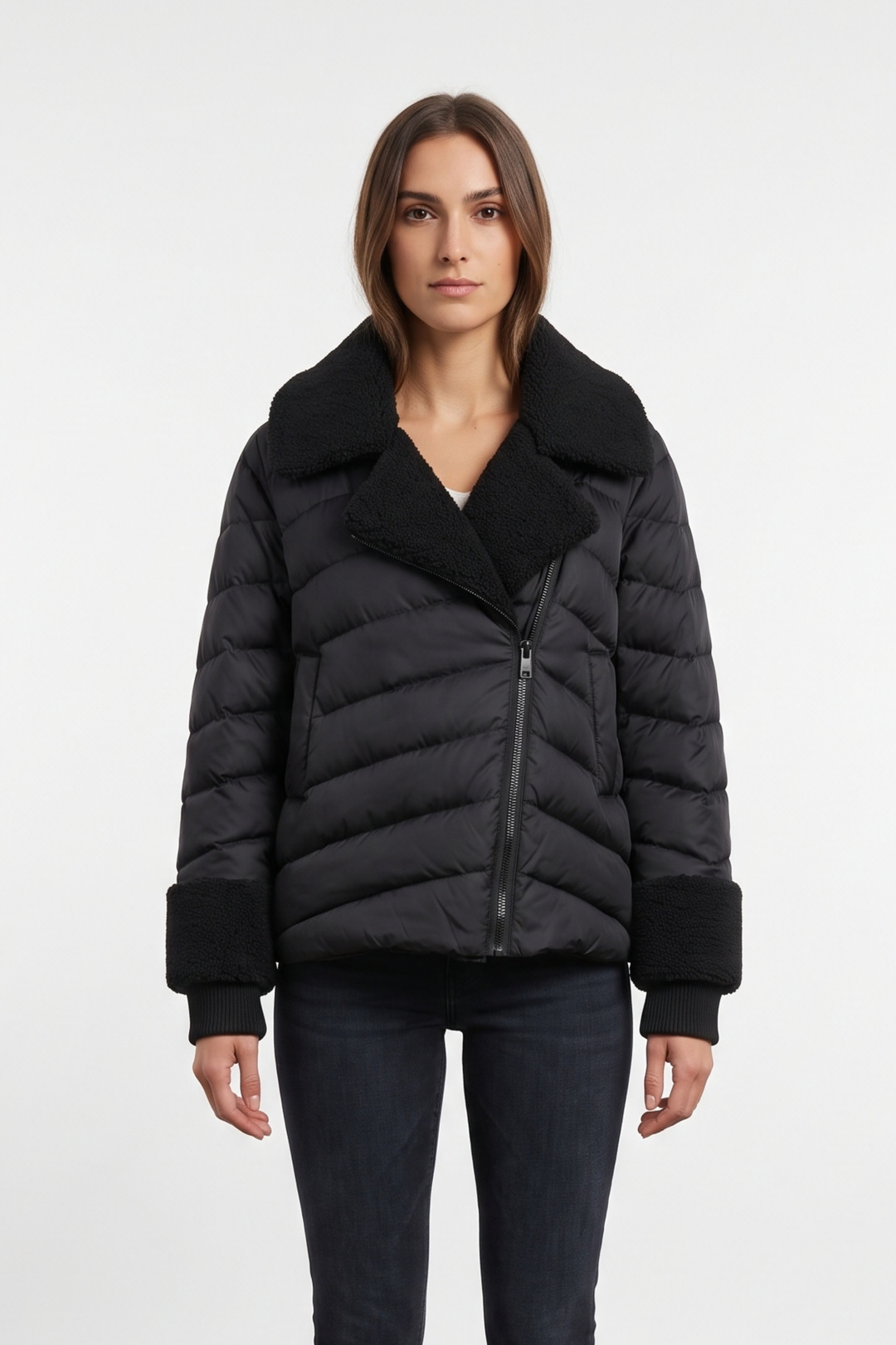 Adroit Atelier Drake Quilted Moto-Style Down Jacket With Sherpa Detail in Black available at Barbara Katz