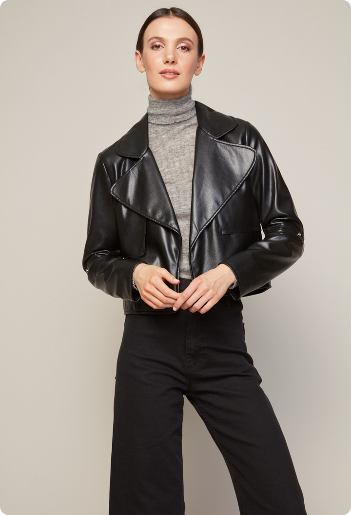 Adroit Atelier Ninon Short Stretch Vegan Leather Open Front Jacket in Black available at Barbara Katz