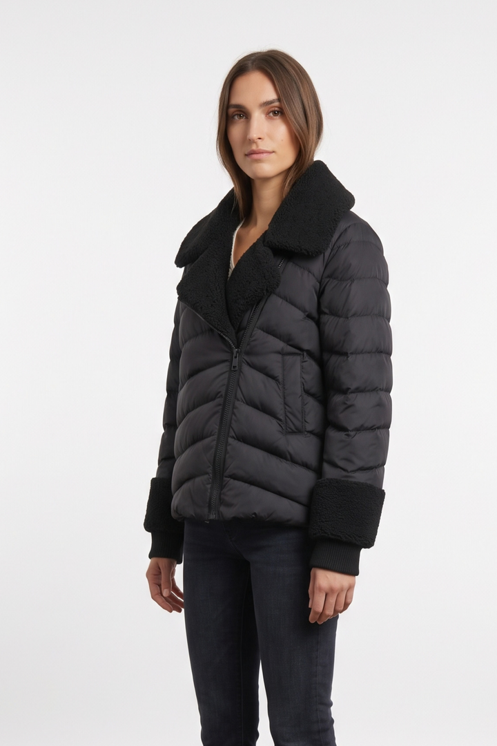Adroit Atelier Drake Quilted Moto-Style Down Jacket With Sherpa Detail in Black available at Barbara Katz