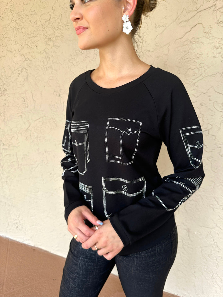 Leo & Ugo Crystal Embroidered Long Sleeve Crewneck