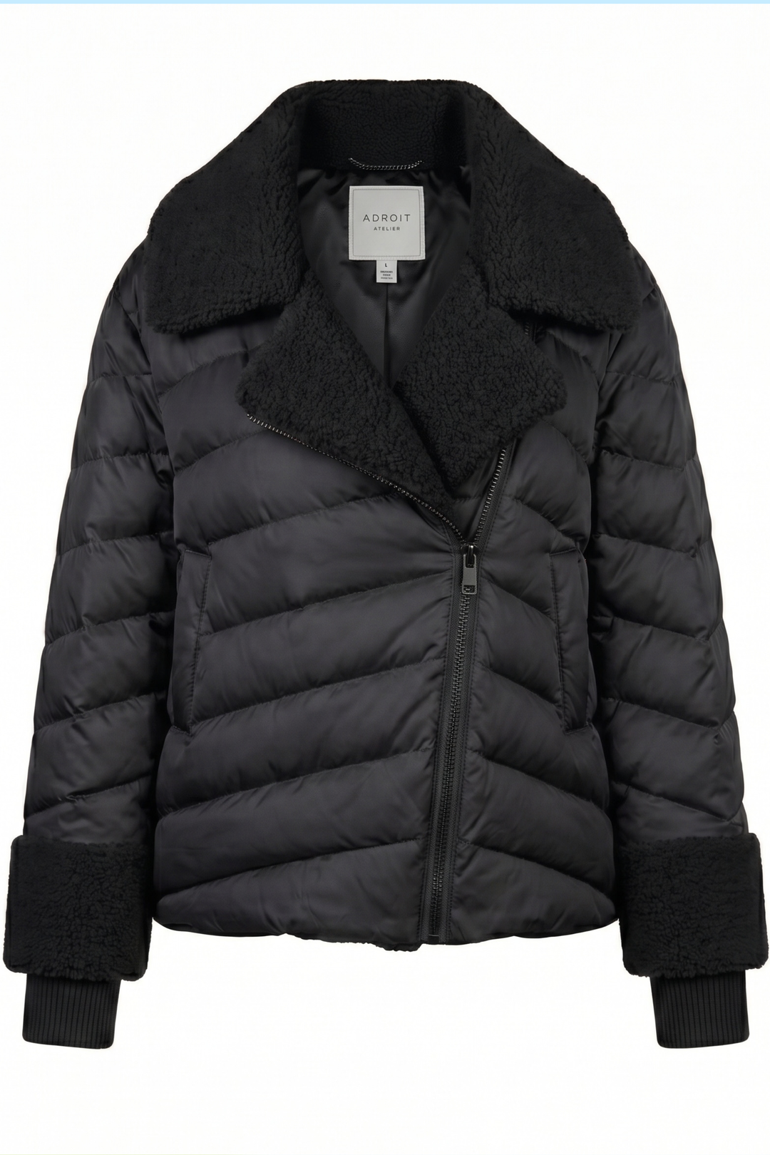 Adroit Atelier Drake Quilted Moto-Style Down Jacket With Sherpa Detail in Black available at Barbara Katz