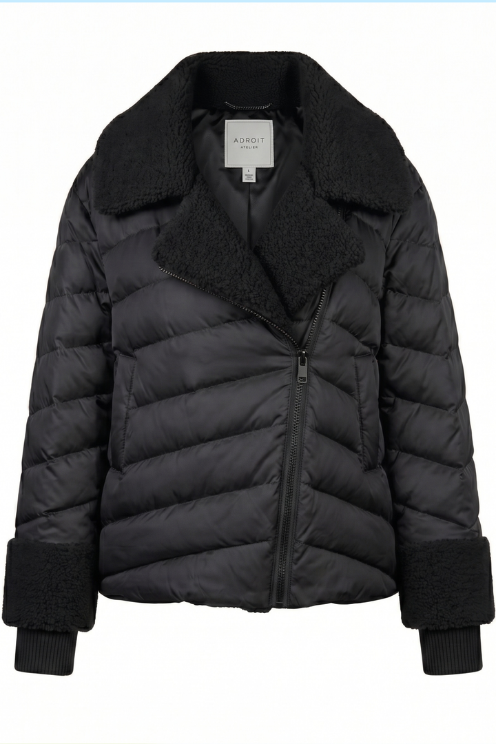 Adroit Atelier Drake Quilted Moto-Style Down Jacket With Sherpa Detail in Black available at Barbara Katz