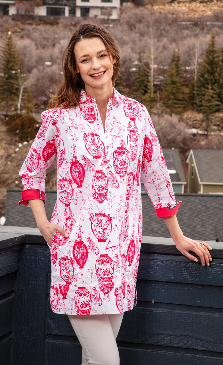 Dizzy-Lizzie Vail Tunic - Pink White Chinoiserie available at Barbara Katz