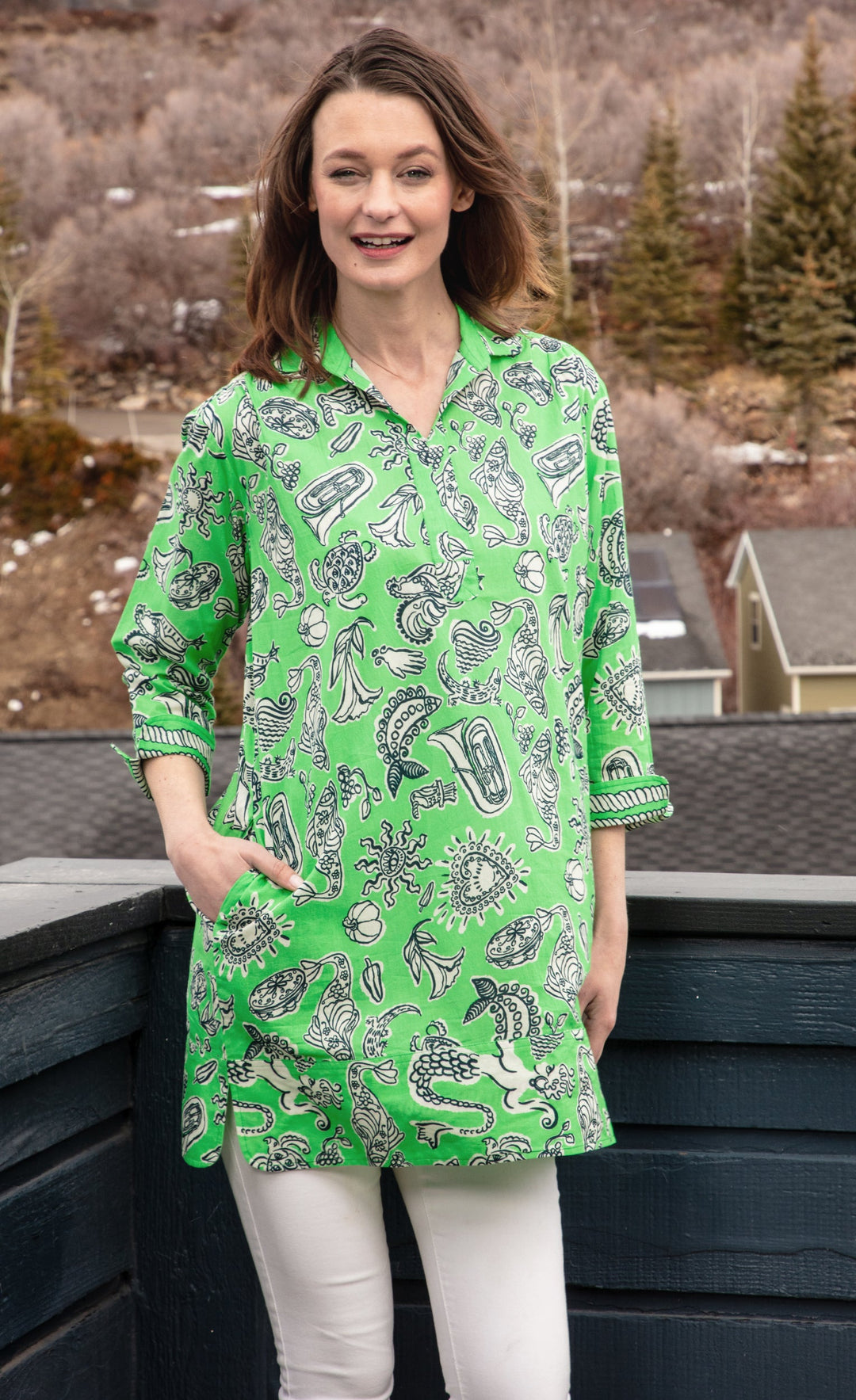 Dizzy-Lizzie Vail Tunic - Green Whimsy Print available at Barbara Katz