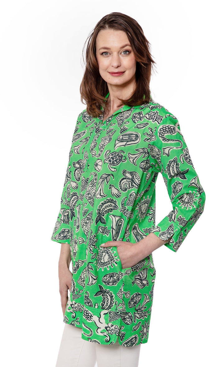 Dizzy-Lizzie Vail Tunic - Green Whimsy Print available at Barbara Katz