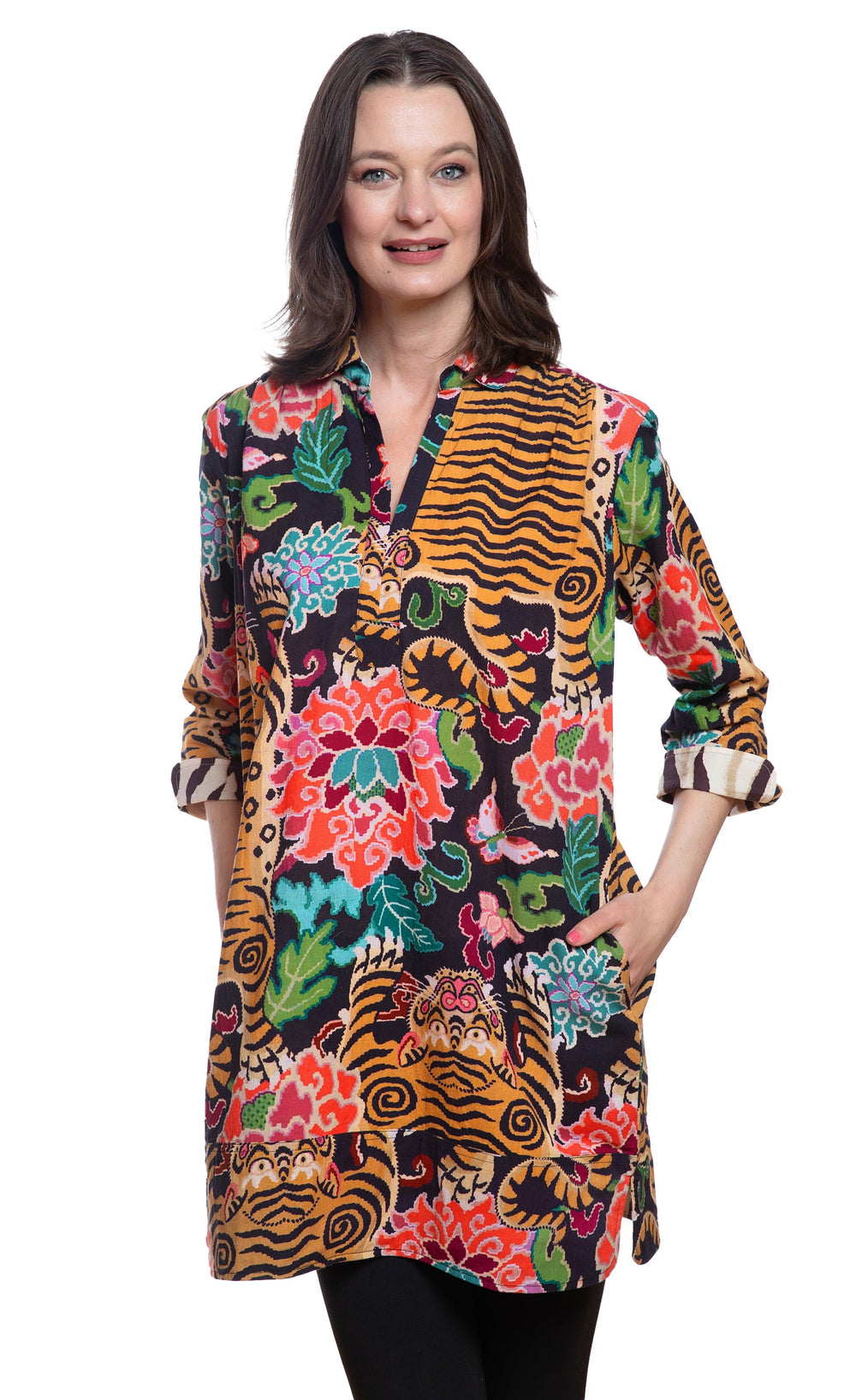 Dizzy-Lizzie Vail Tunic - Tiger Rug Print available at Barbara Katz