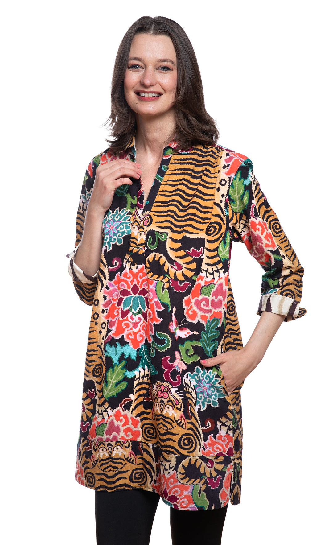 Dizzy-Lizzie Vail Tunic - Tiger Rug Print available at Barbara Katz
