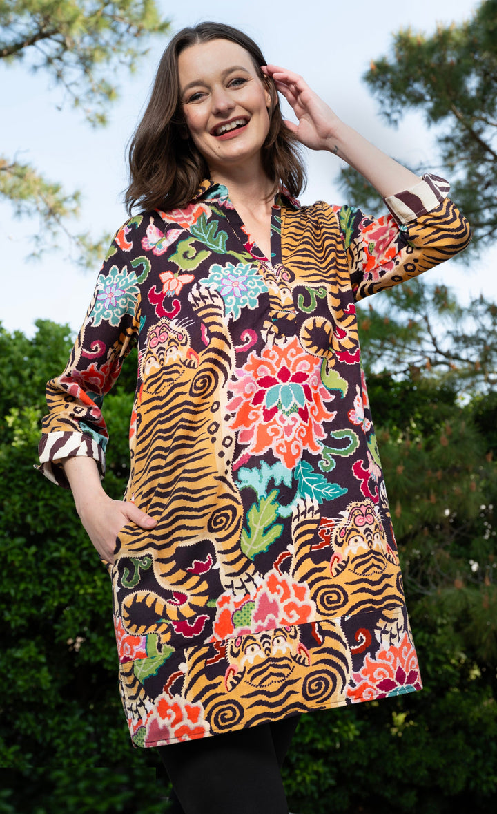 Dizzy-Lizzie Vail Tunic - Tiger Rug Print available at Barbara Katz