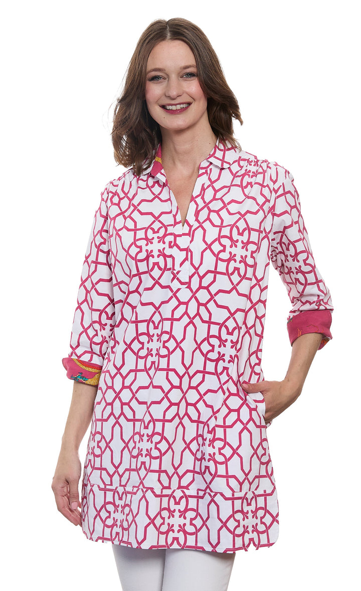 Dizzy-Lizzie Vail Tunic in Pink White Geo Print available at Barbara Katz