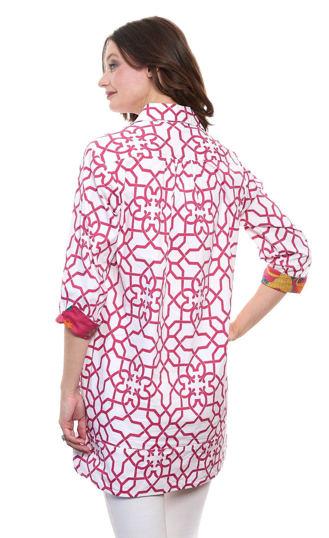 Dizzy-Lizzie Vail Tunic in Pink White Geo Print available at Barbara Katz