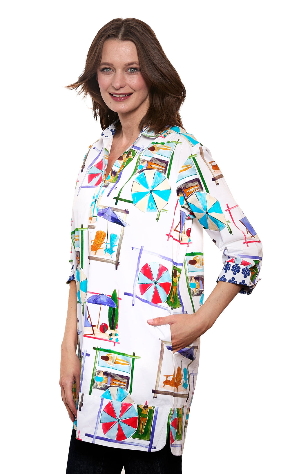 Dizzy-Lizzie Vail Tunic - White Ground Beach Chairs Print available at Barbara Katz