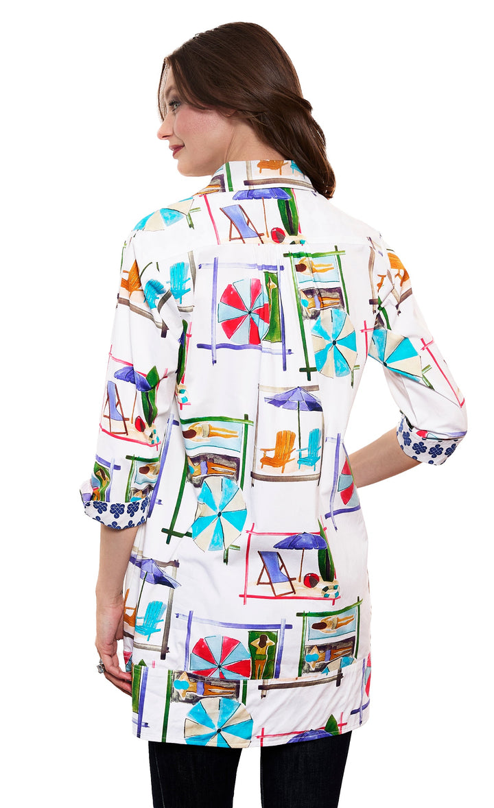 Dizzy-Lizzie Vail Tunic - White Ground Beach Chairs Print available at Barbara Katz