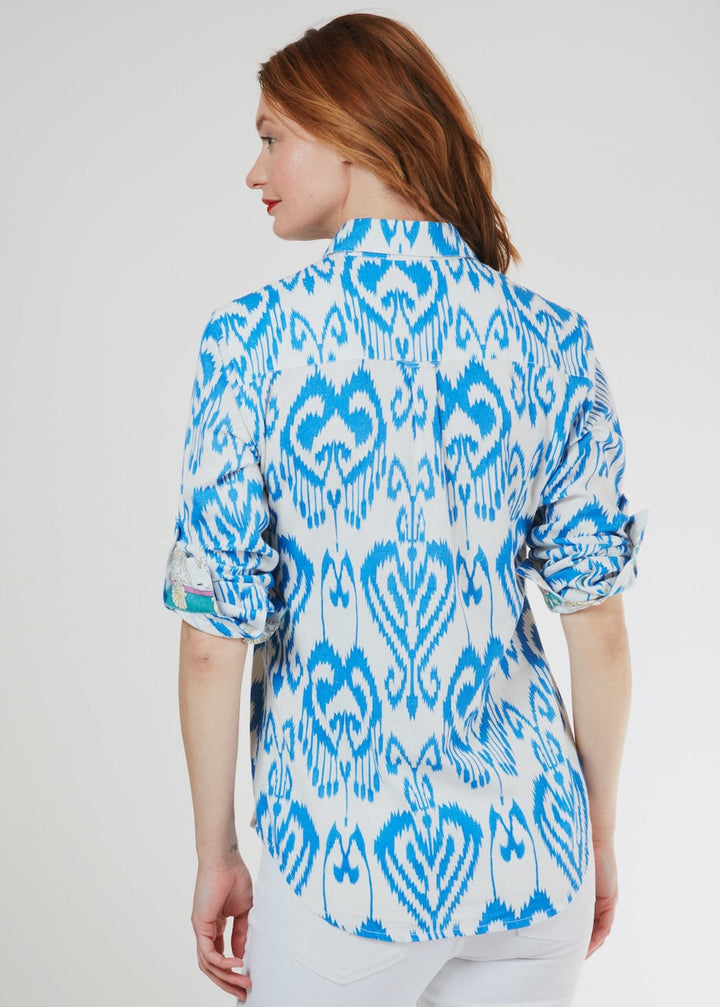 Dizzy-Lizzie Cannes Popover Shirt - Blue White Ikat available at Barbara Katz