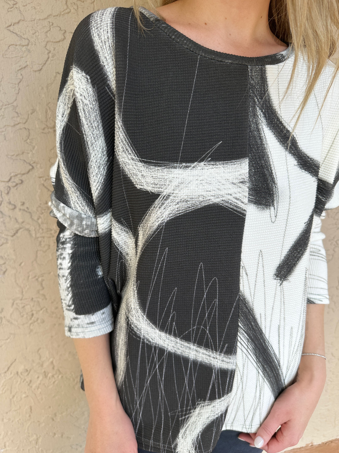Andrea Geer Thermal Knit Crop Boxy Top - Grey/White