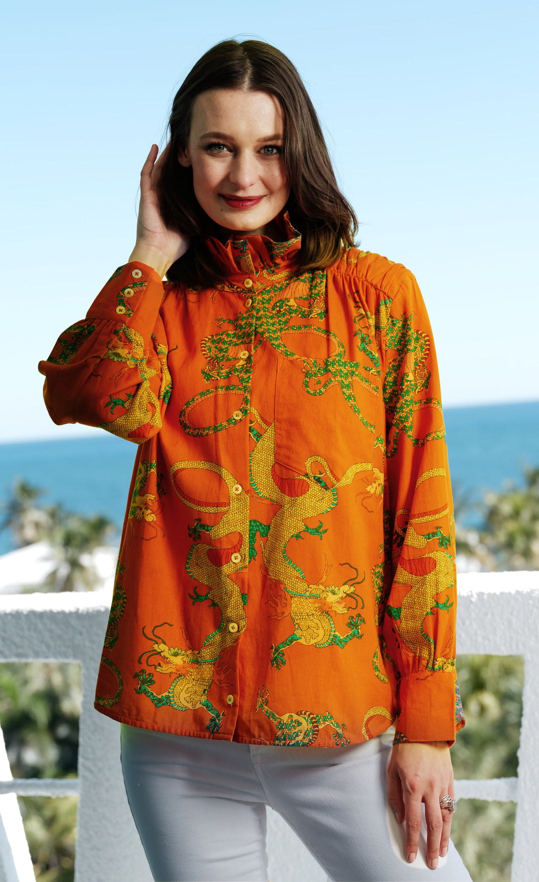 Dizzy-Lizzie Sun Valley Oversized Shirt with Ruffle Collar - Orange Dragon Print available at Barbara Katz