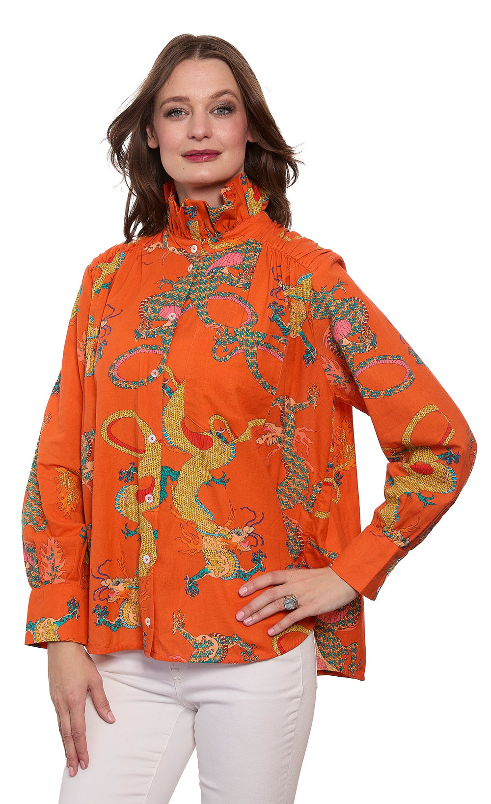Dizzy-Lizzie Sun Valley Oversized Shirt with Ruffle Collar - Orange Dragon Print available at Barbara Katz