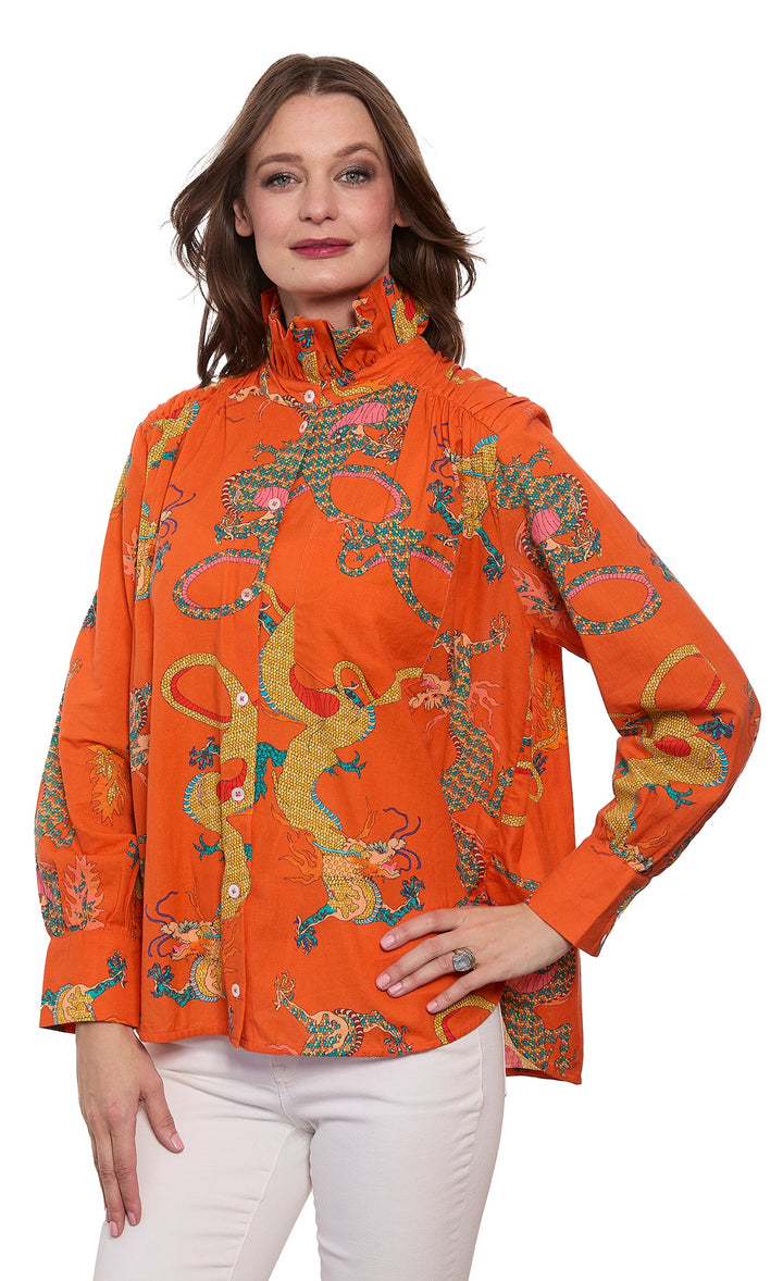 Dizzy-Lizzie Sun Valley Oversized Shirt with Ruffle Collar - Orange Dragon Print available at Barbara Katz