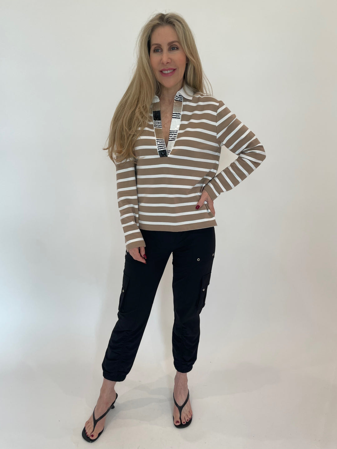 Peace of Cloth Britt Cargo Pants in Onyx paired with Striped Sweater available at Barbara Katz