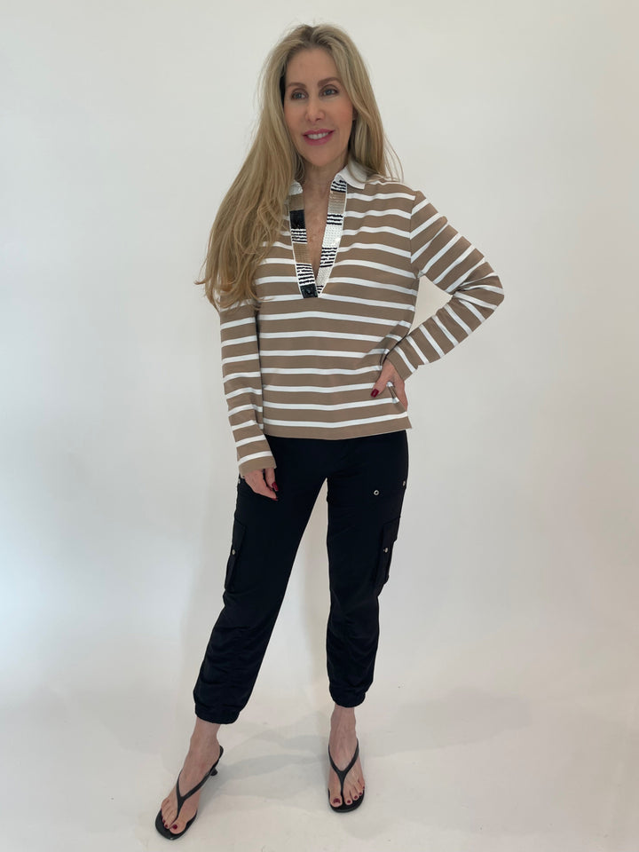 Peace of Cloth Britt Cargo Pants in Onyx paired with Striped Sweater available at Barbara Katz
