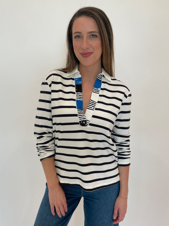 Margittes Sequin Trim Long Sleeve Stripe Polo in Marine available at Barbara Katz