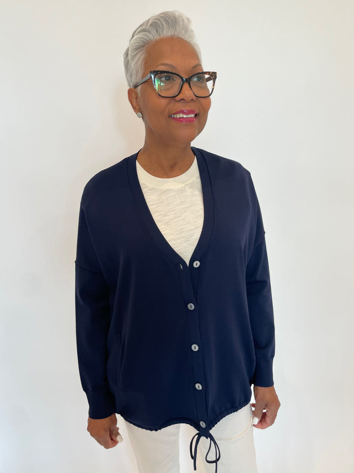 Billie Susana Knit Boxy Drawstring Cardigan in Navy available at Barbara Katz