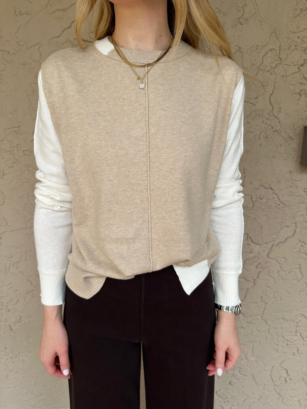 Elliott Lauren Color Block Crew Neck Sweater - Oatmeal/Starch