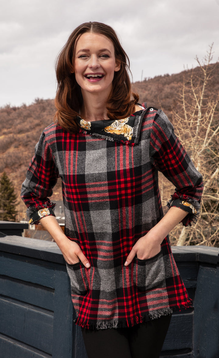 Dizzy-Lizzie Aspen Flannel Tunic in Red Black Yarndyed Plaid available at Barbara Katz