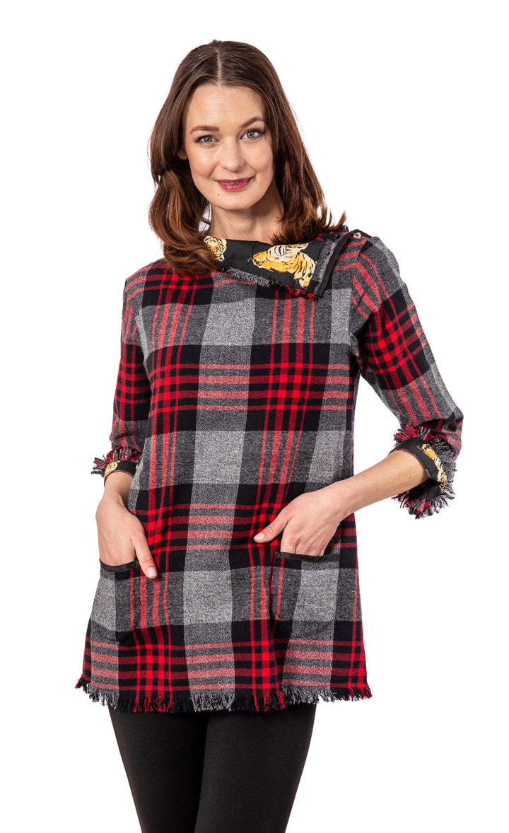 Dizzy-Lizzie Aspen Flannel Tunic in Red Black Yarndyed Plaid available at Barbara Katz