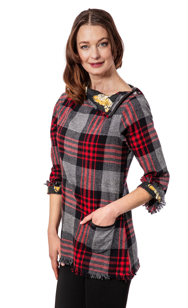 Dizzy-Lizzie Aspen Flannel Tunic in Red Black Yarndyed Plaid available at Barbara Katz