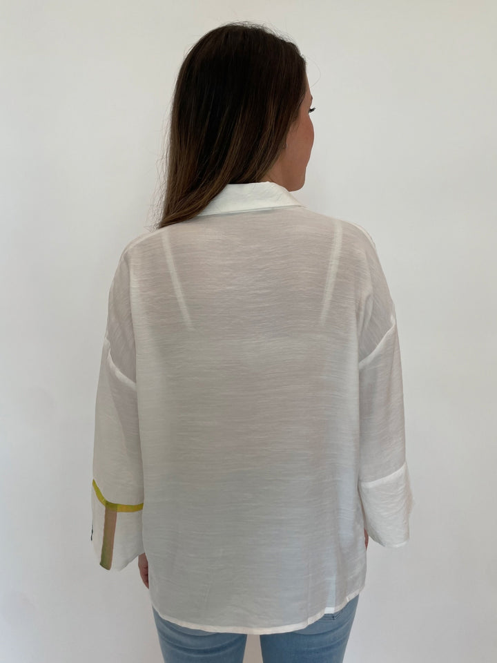 Ozai N Ku Asymmetric Shirt With Pocket in Trip White available at Barbara Katz