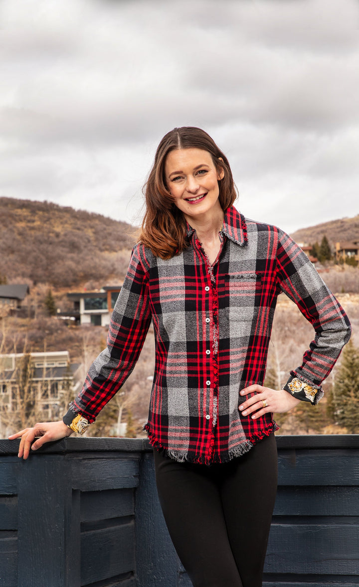 Dizzy-Lizzie Cape Cod Shirt - Grey Red Flannel Yarndye available at Barbara Katz