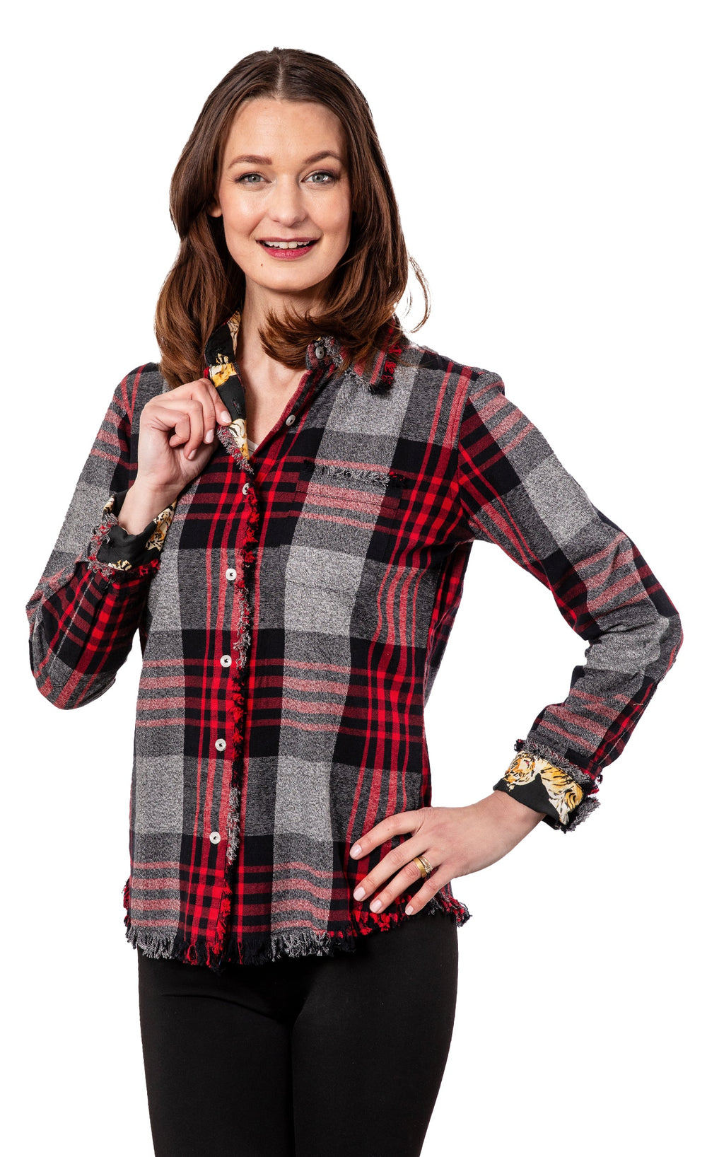 Dizzy-Lizzie Cape Cod Shirt - Grey Red Flannel Yarndye available at Barbara Katz