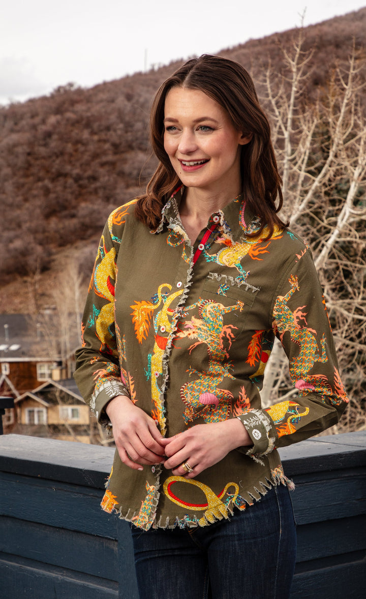 Dizzy-Lizzie Cape Cod Shirt - Olive Dragon Print available at Barbara Katz