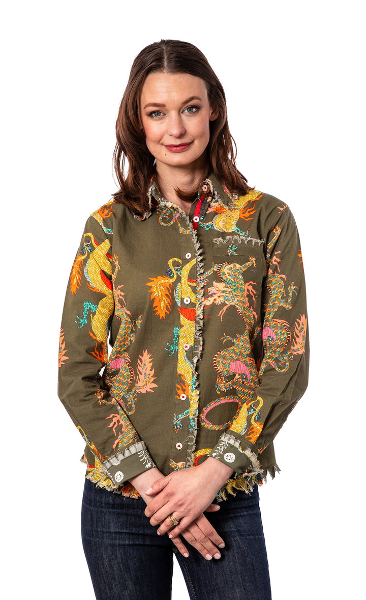 Dizzy-Lizzie Cape Cod Shirt - Olive Dragon Print available at Barbara Katz