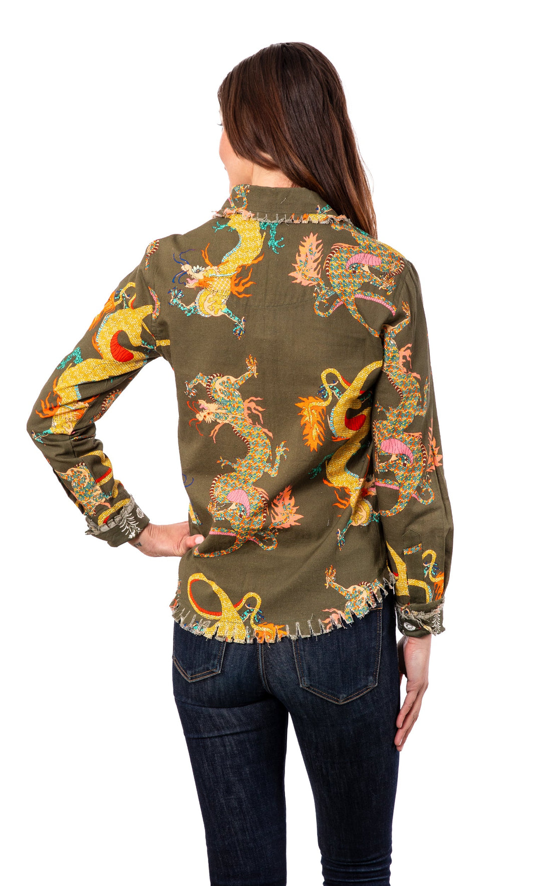 Dizzy-Lizzie Cape Cod Shirt - Olive Dragon Print available at Barbara Katz