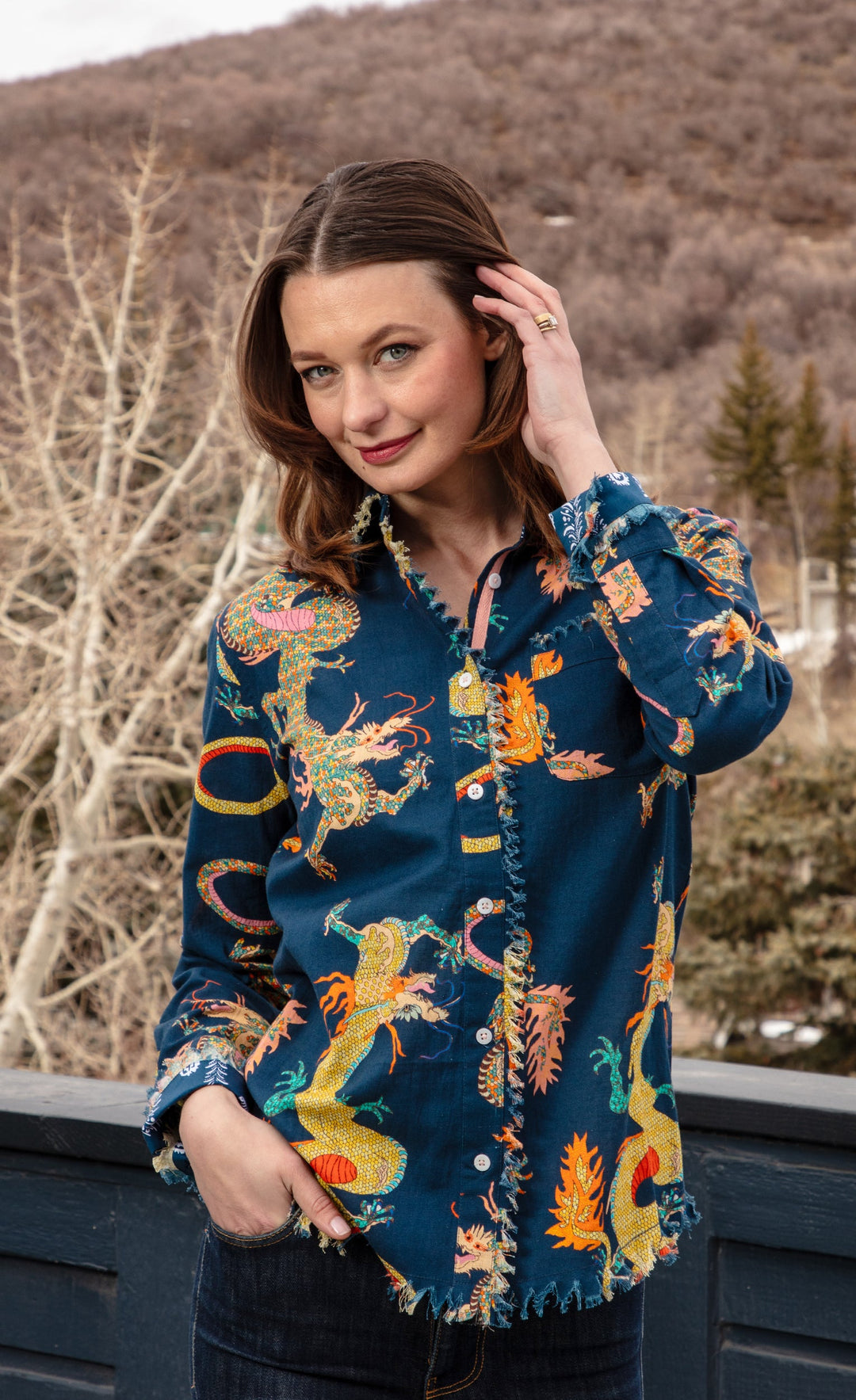 Dizzy-Lizzie Cape Cod Shirt - Navy Dragon Print available at Barbara Katz