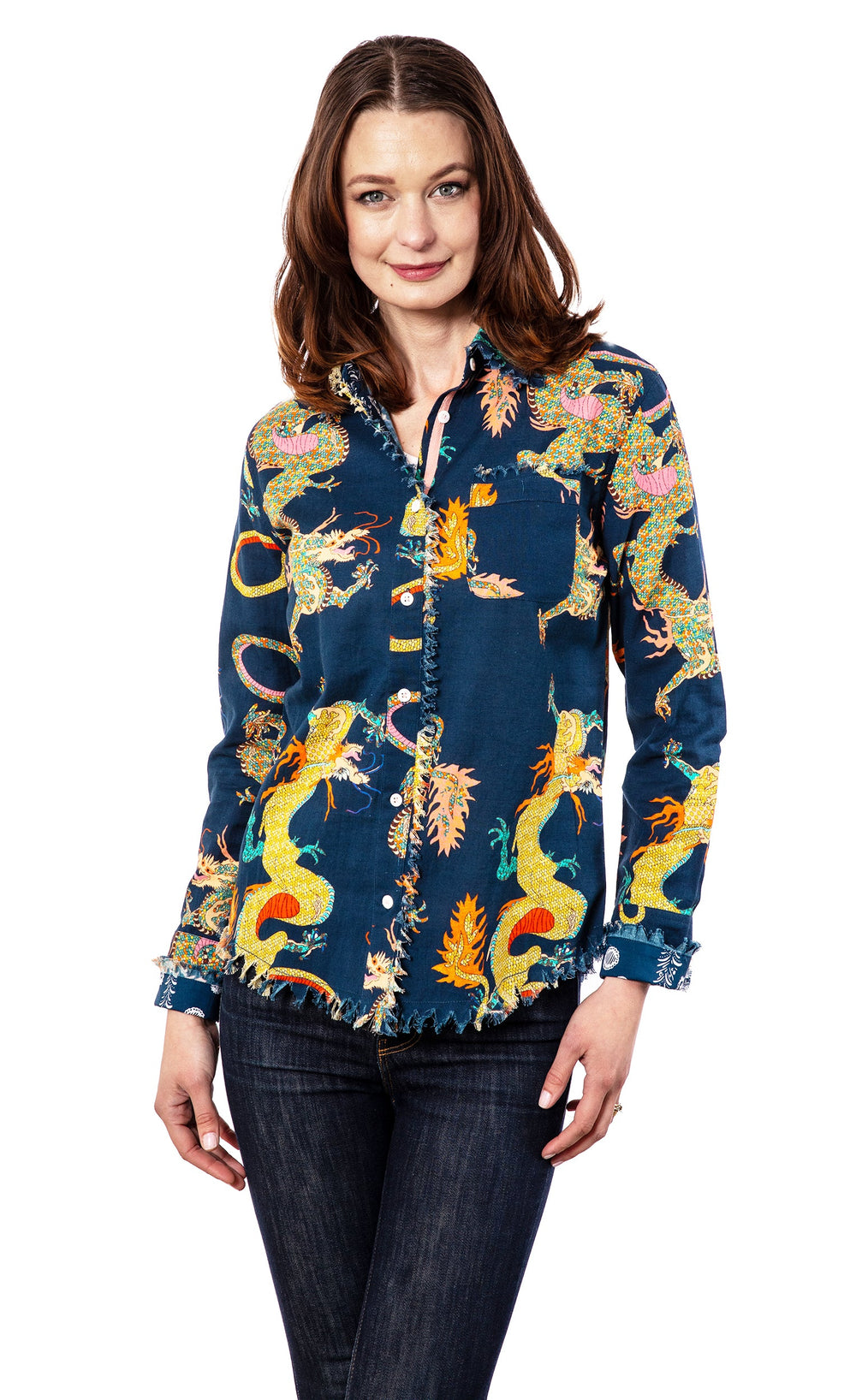 Dizzy-Lizzie Cape Cod Shirt - Navy Dragon Print available at Barbara Katz