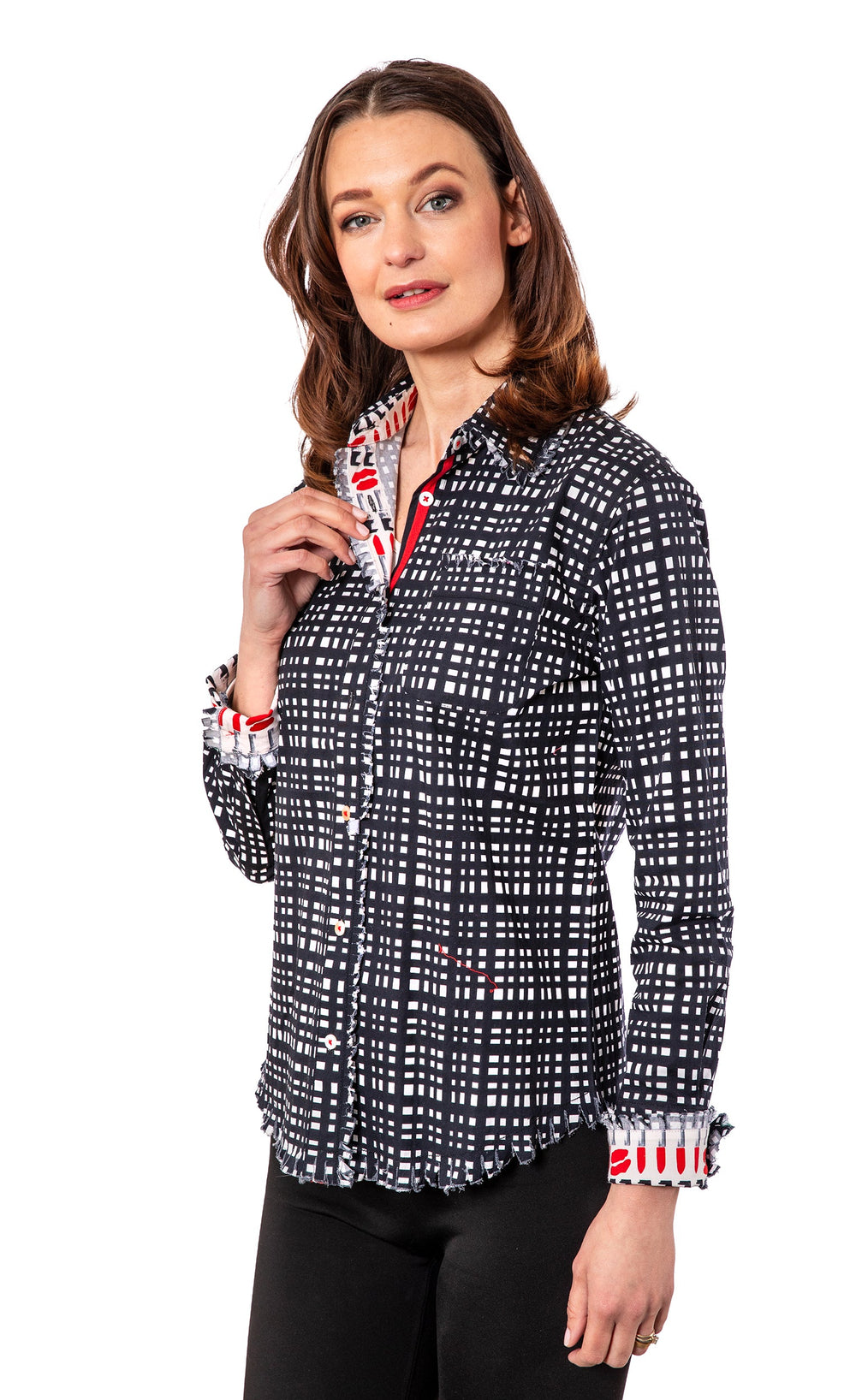 Dizzy-Lizzie Cape Cod Shirt - Black White Grid available at Barbara Katz