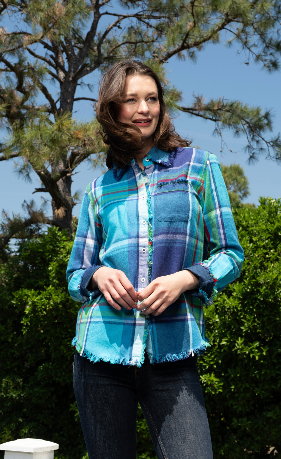 Dizzy-Lizzie Cape Cod Top - Blues Yarndyed Plaid available at Barbara Katz