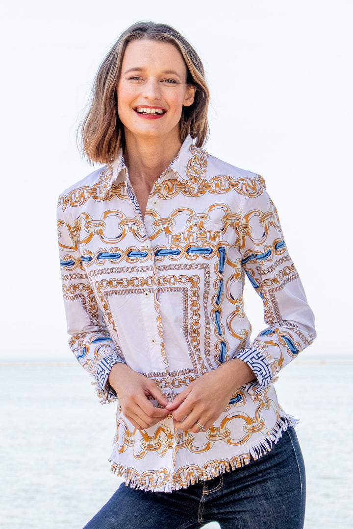 Dizzy-Lizzie Cape Cod Frayed Shirt - White With Blue Links available at Barbara Katz