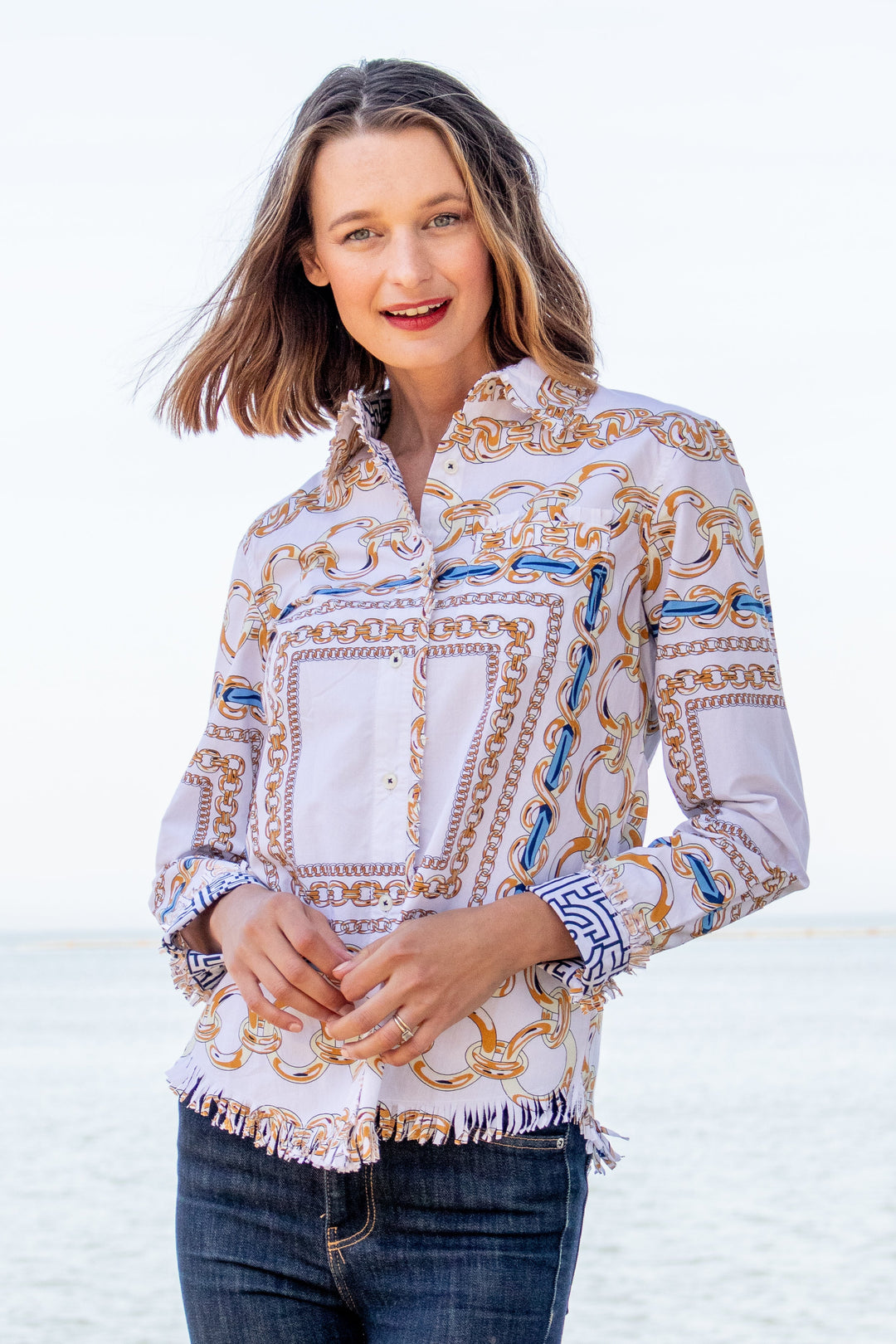 Dizzy-Lizzie Cape Cod Frayed Shirt - White With Blue Links available at Barbara Katz