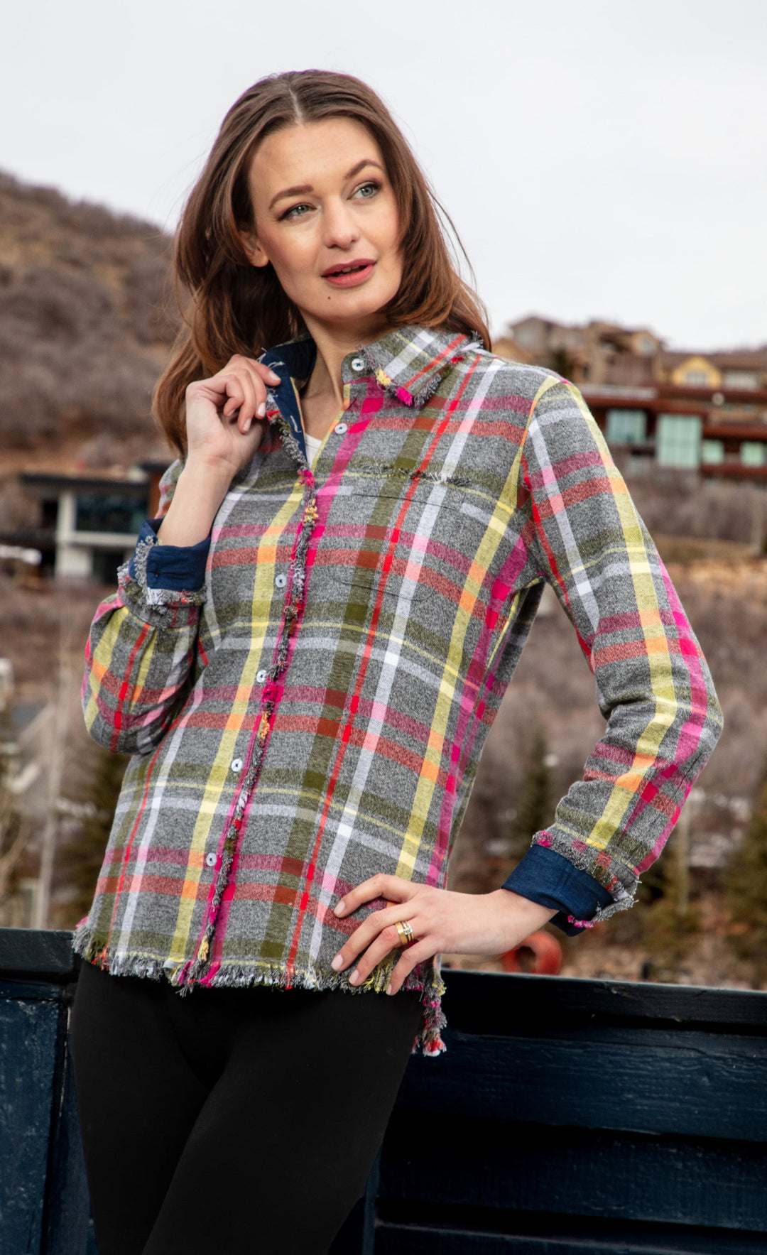 Dizzy-Lizzie Cape Cod Shirt - Grey Pink Flannel available at Barbara Katz